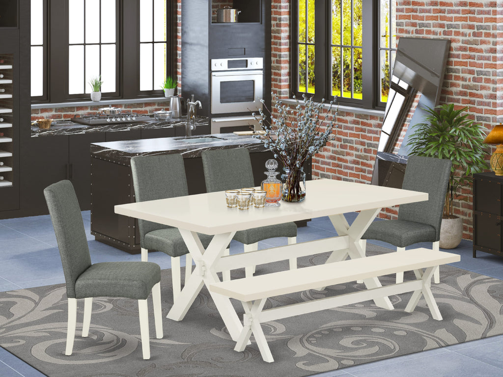 East West Furniture X027DR207-6 6 Piece Dining Set Contains a Rectangle Dining Room Table with X-Legs and 4 Gray Linen Fabric Upholstered Chairs with a Bench