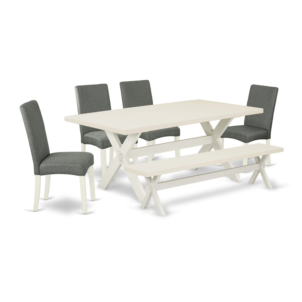 East West Furniture X027DR207-6 6 Piece Dining Set Contains a Rectangle Dining Room Table with X-Legs and 4 Gray Linen Fabric Upholstered Chairs with a Bench