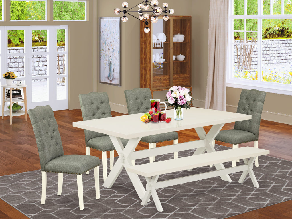 East West Furniture X027EL207-6 6 Piece Dining Set Contains a Rectangle Dining Room Table with X-Legs and 4 Gray Linen Fabric Parson Chairs with a Bench