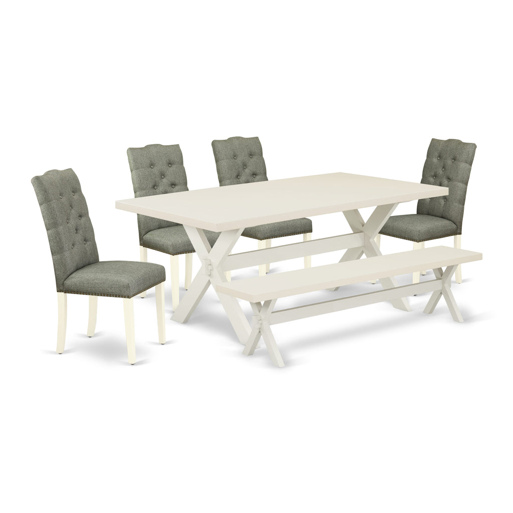 East West Furniture X027EL207-6 6 Piece Dining Set Contains a Rectangle Dining Room Table with X-Legs and 4 Gray Linen Fabric Parson Chairs with a Bench