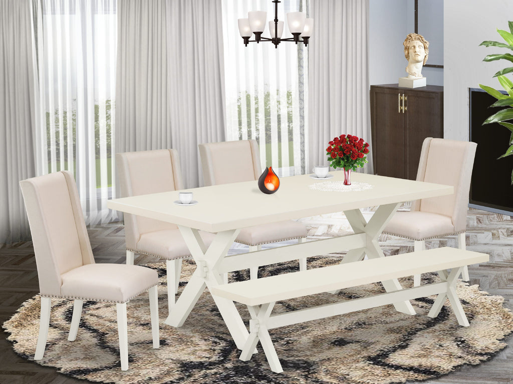 East West Furniture X027FL201-6 6 Piece Kitchen Table Set Contains a Rectangle Dining Table with X-Legs and 4 Cream Linen Fabric Parson Chairs with a Bench