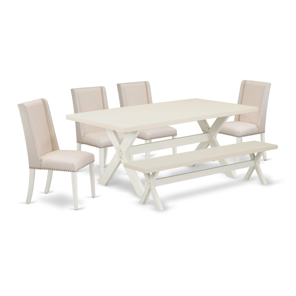 East West Furniture X027FL201-6 6 Piece Kitchen Table Set Contains a Rectangle Dining Table with X-Legs and 4 Cream Linen Fabric Parson Chairs with a Bench