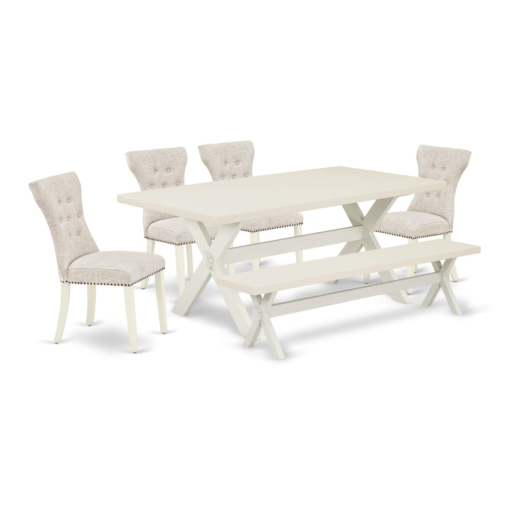 East West Furniture X027GA235-6 6 Piece Dining Table Set Contains a Rectangle Dining Room Table with X-Legs and 4 Doeskin Linen Fabric Parson Chairs with a Bench