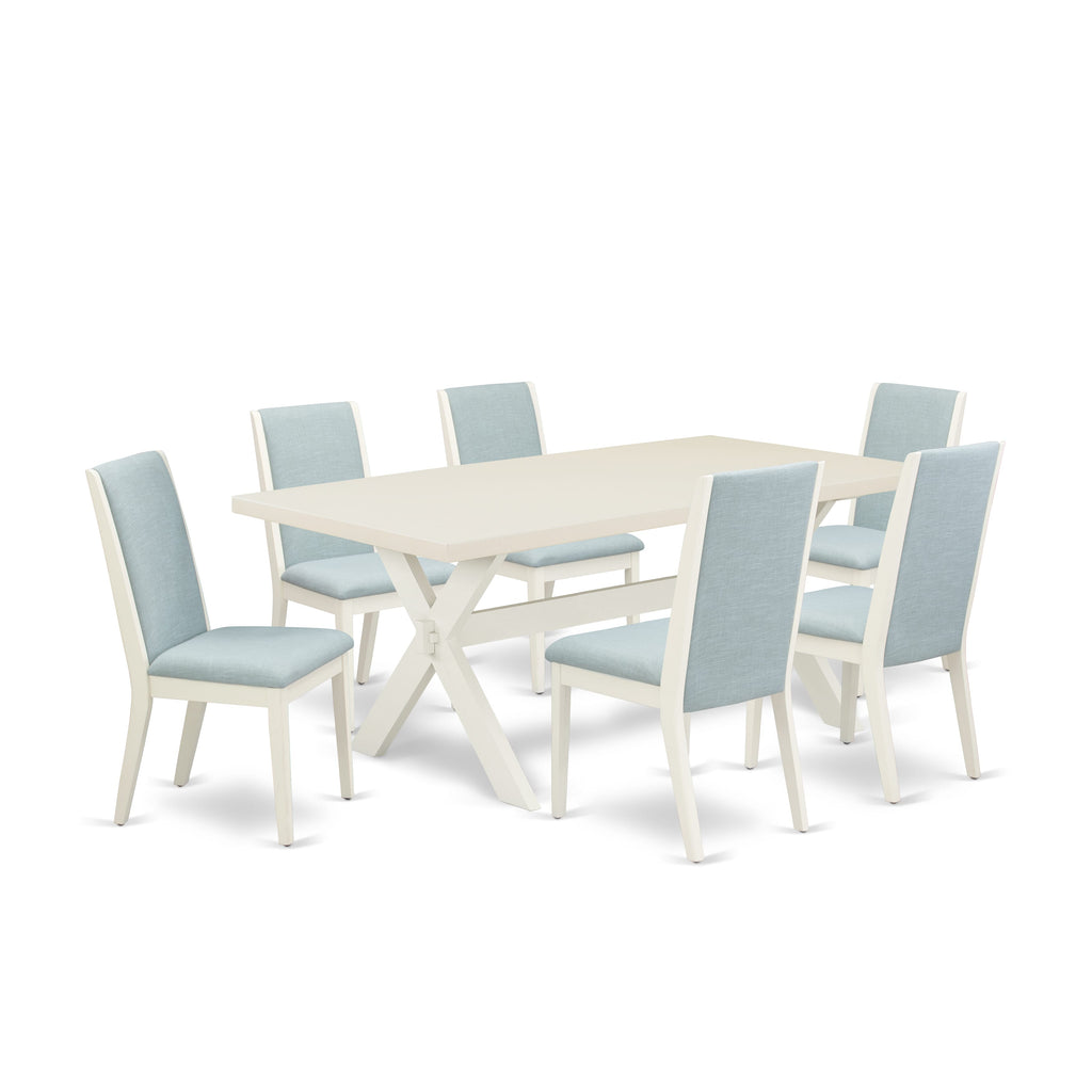 East West Furniture X027LA015-7 7 Piece Dining Room Furniture Set Consist of a Rectangle Dining Table with X-Legs and 6 Baby Blue Linen Fabric Parsons Chairs