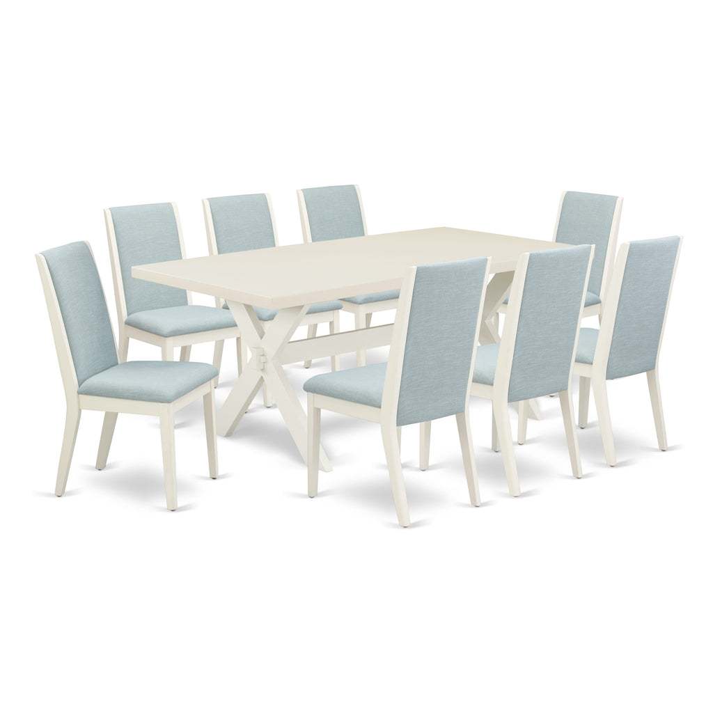 East West Furniture X027LA015-9 9 Piece Dining Set Includes a Rectangle Dining Room Table with X-Legs and 8 Baby Blue Linen Fabric Upholstered Parson Chairs