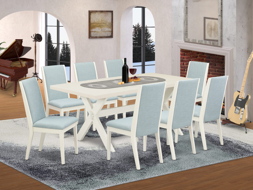 East West Furniture X027LA015-9 9 Piece Dining Set Includes a Rectangle Dining Room Table with X-Legs and 8 Baby Blue Linen Fabric Upholstered Parson Chairs