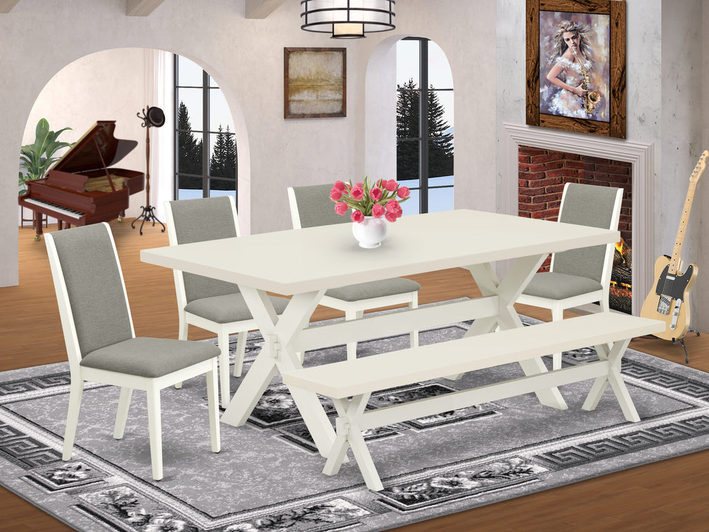 East West Furniture X027LA206-6 6 Piece Dining Set Contains a Rectangle Dining Room Table with X-Legs and 4 Shitake Linen Fabric Parson Chairs with a Bench