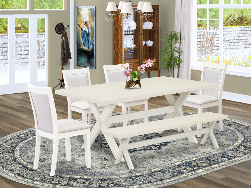 East West Furniture X027MZ001-6 6 Piece Kitchen Table Set Contains a Rectangle Dining Table with X-Legs and 4 Cream Linen Fabric Upholstered Chairs with a Bench