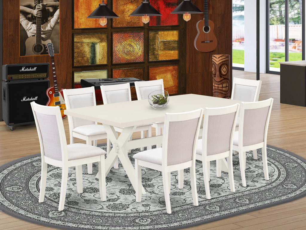 East West Furniture X027MZ001-9 9 Piece Modern Dining Table Set Includes a Rectangle Wooden Table with X-Legs and 8 Cream Linen Fabric Upholstered Chairs