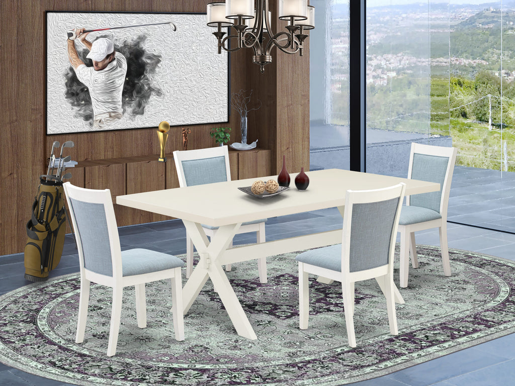 East West Furniture X027MZ015-5 5 Piece Kitchen Table & Chairs Set Includes a Rectangle Dining Table with X-Legs and 4 Baby Blue Linen Fabric Parson Chairs