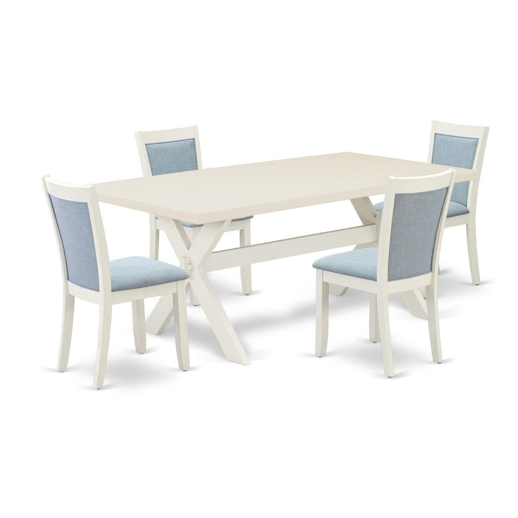 East West Furniture X027MZ015-5 5 Piece Kitchen Table & Chairs Set Includes a Rectangle Dining Table with X-Legs and 4 Baby Blue Linen Fabric Parson Chairs