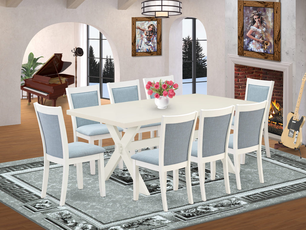 East West Furniture X027MZ015-9 9 Piece Dining Table Set Includes a Rectangle Dining Room Table with X-Legs and 8 Baby Blue Linen Fabric Upholstered Chairs