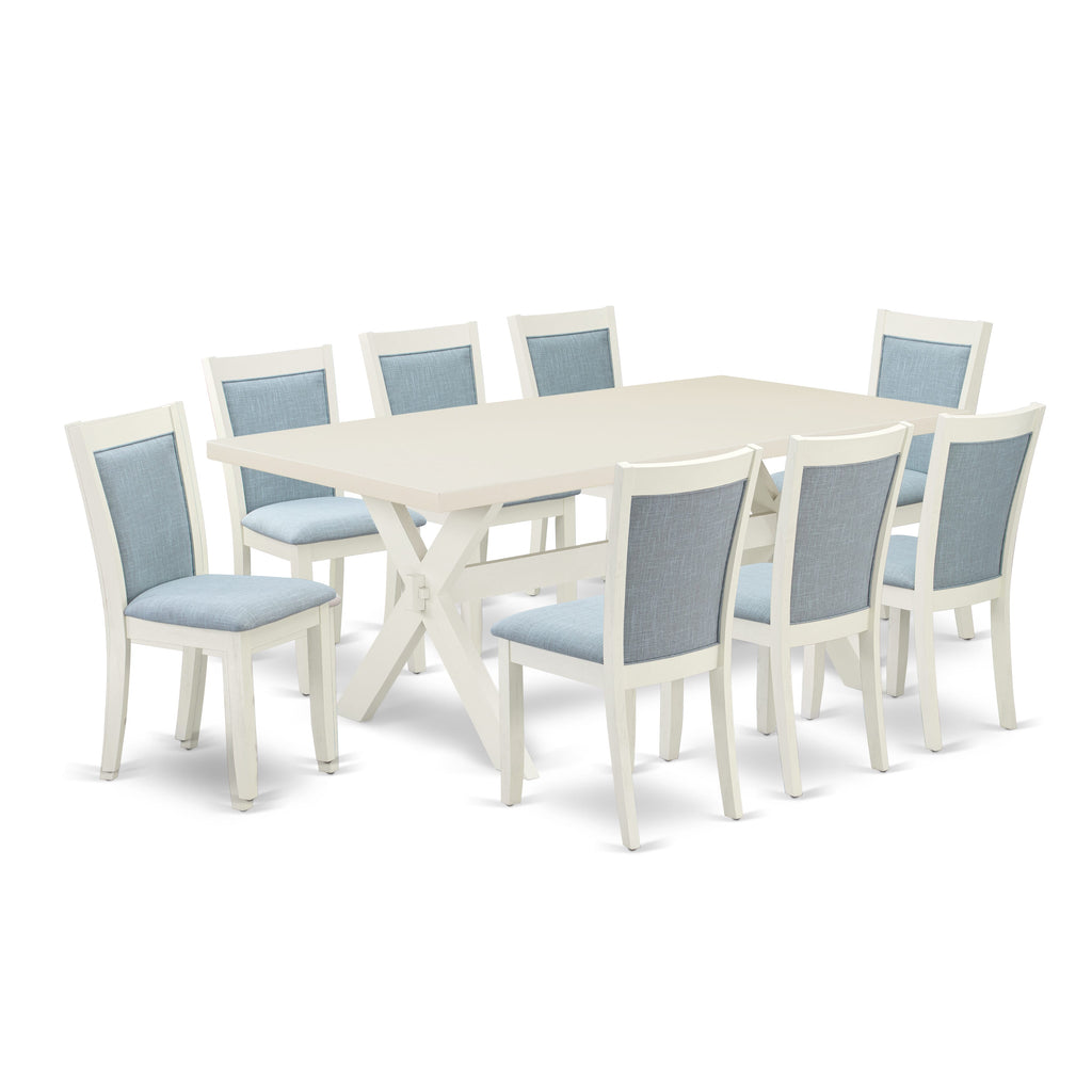 East West Furniture X027MZ015-9 9 Piece Dining Table Set Includes a Rectangle Dining Room Table with X-Legs and 8 Baby Blue Linen Fabric Upholstered Chairs