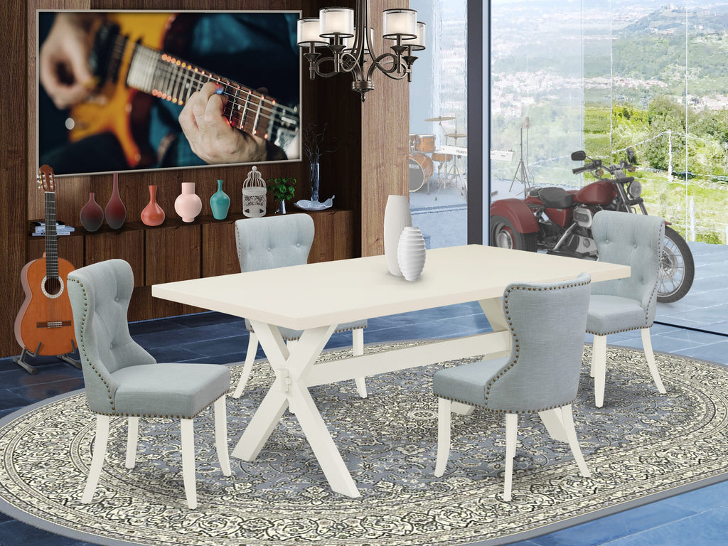 East West Furniture X027SI215-5 5 Piece Dining Room Table Set Includes a Rectangle Dining Table with X-Legs and 4 Baby Blue Linen Fabric Upholstered Parson Chairs