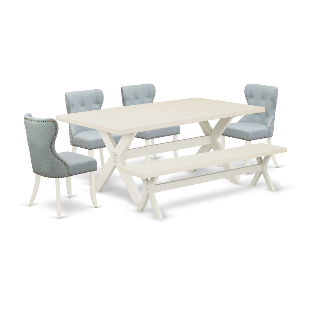 East West Furniture X027SI215-6 6 Piece Kitchen Table Set Contains a Rectangle Dining Table with X-Legs and 4 Baby Blue Linen Fabric Upholstered Chairs with a Bench