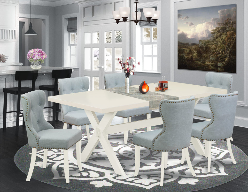 East West Furniture X027SI215-7 7 Piece Dining Table Set Consist of a Rectangle Kitchen Table with X-Legs and 6 Baby Blue Linen Fabric Parson Dining Room Chairs