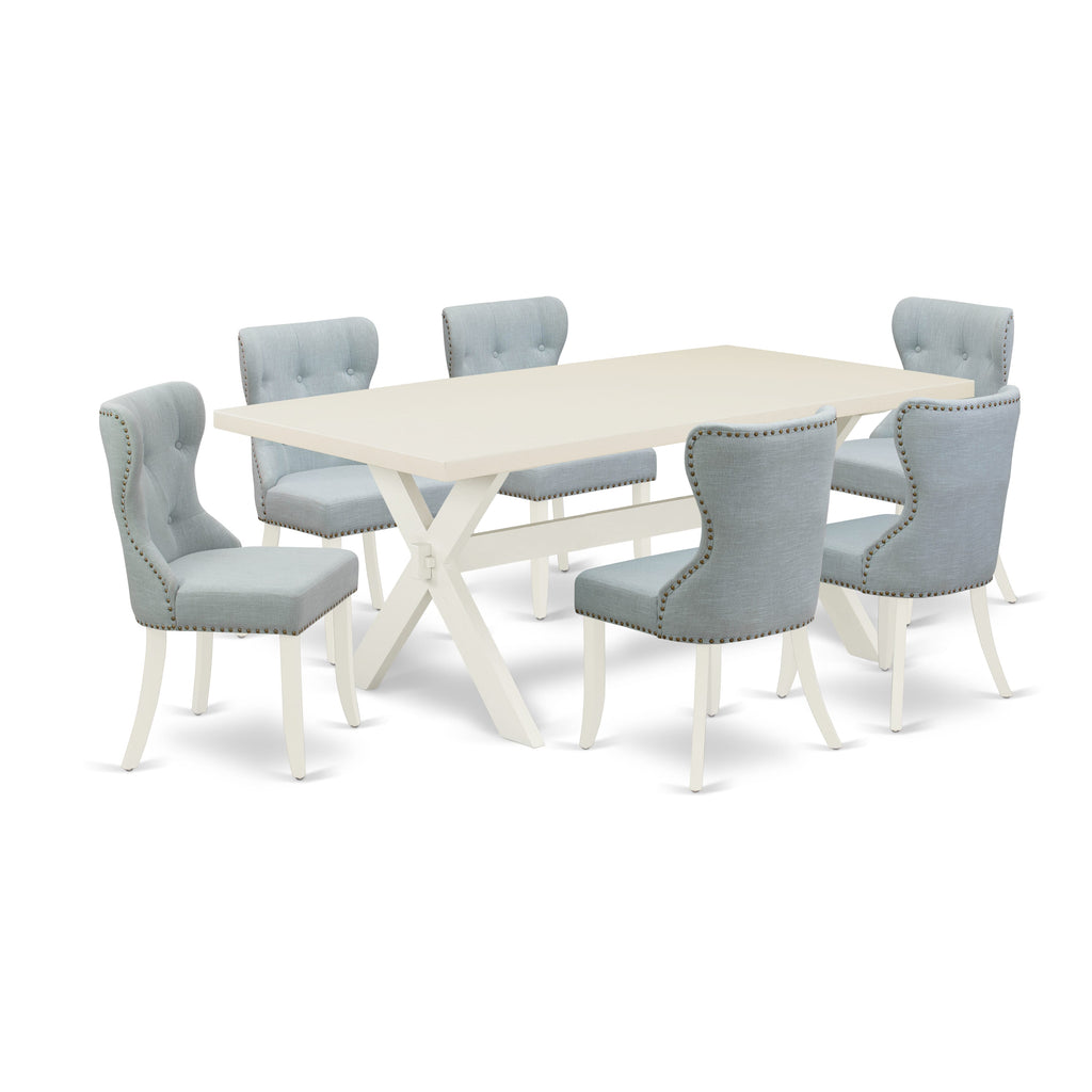 East West Furniture X027SI215-7 7 Piece Dining Table Set Consist of a Rectangle Kitchen Table with X-Legs and 6 Baby Blue Linen Fabric Parson Dining Room Chairs