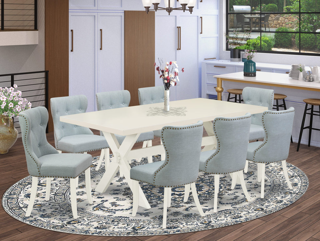 East West Furniture X027SI215-9 9 Piece Dining Table Set Includes a Rectangle Dining Room Table with X-Legs and 8 Baby Blue Linen Fabric Upholstered Chairs