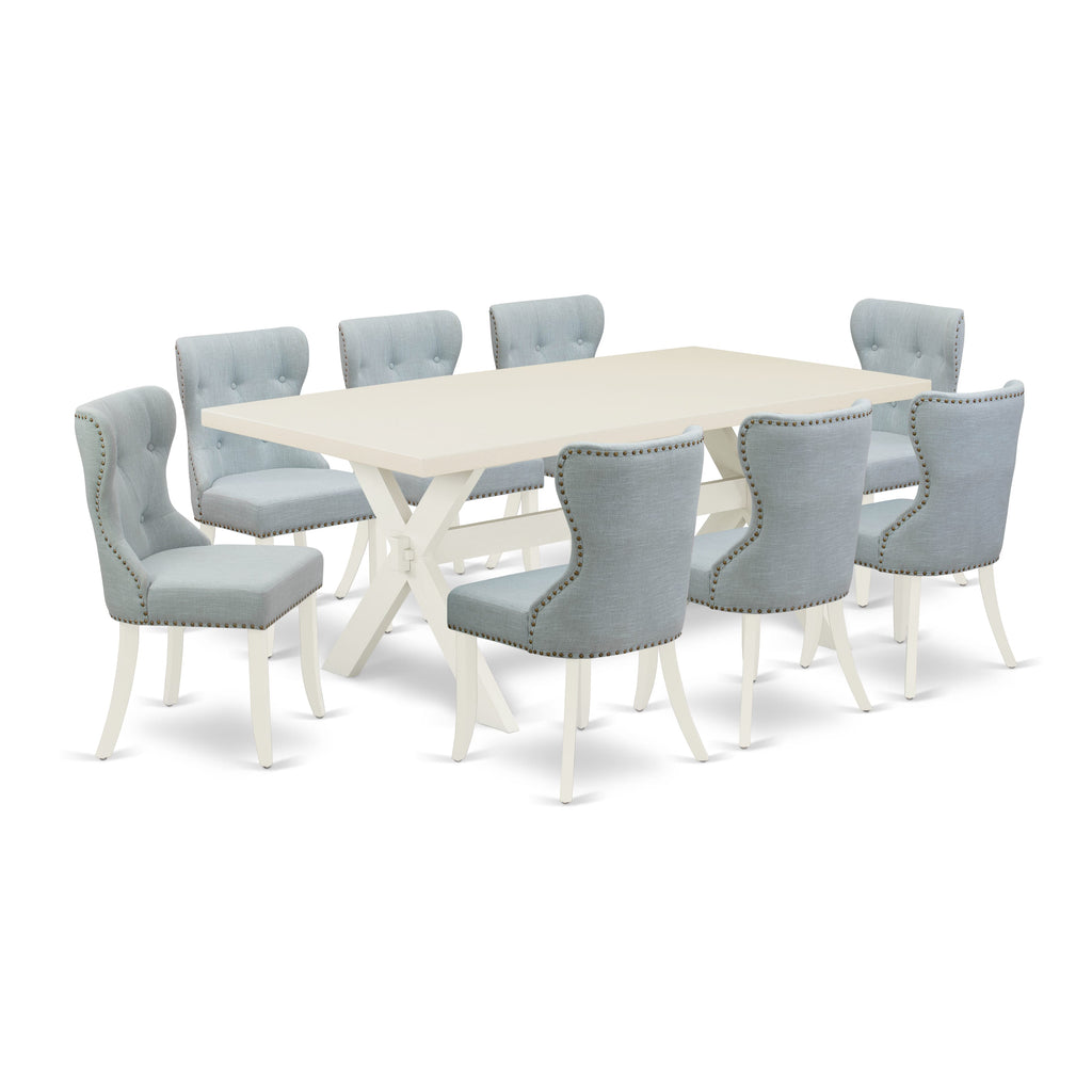 East West Furniture X027SI215-9 9 Piece Dining Table Set Includes a Rectangle Dining Room Table with X-Legs and 8 Baby Blue Linen Fabric Upholstered Chairs