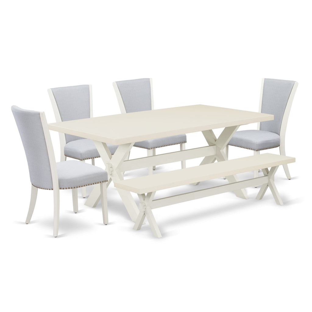 East West Furniture X027VE005-6 6 Piece Kitchen Table & Chairs Set Contains a Rectangle Wooden Table and 4 Grey Linen Fabric Parson Chairs with a Bench