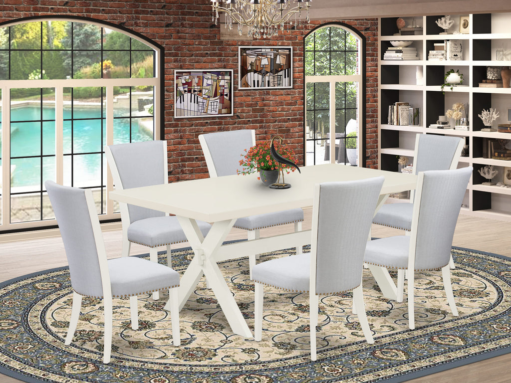 East West Furniture X027VE005-7 7 Piece Dining Set Consist of a Rectangle Dining Room Table with X-Legs and 6 Grey Linen Fabric Upholstered Parson Chairs