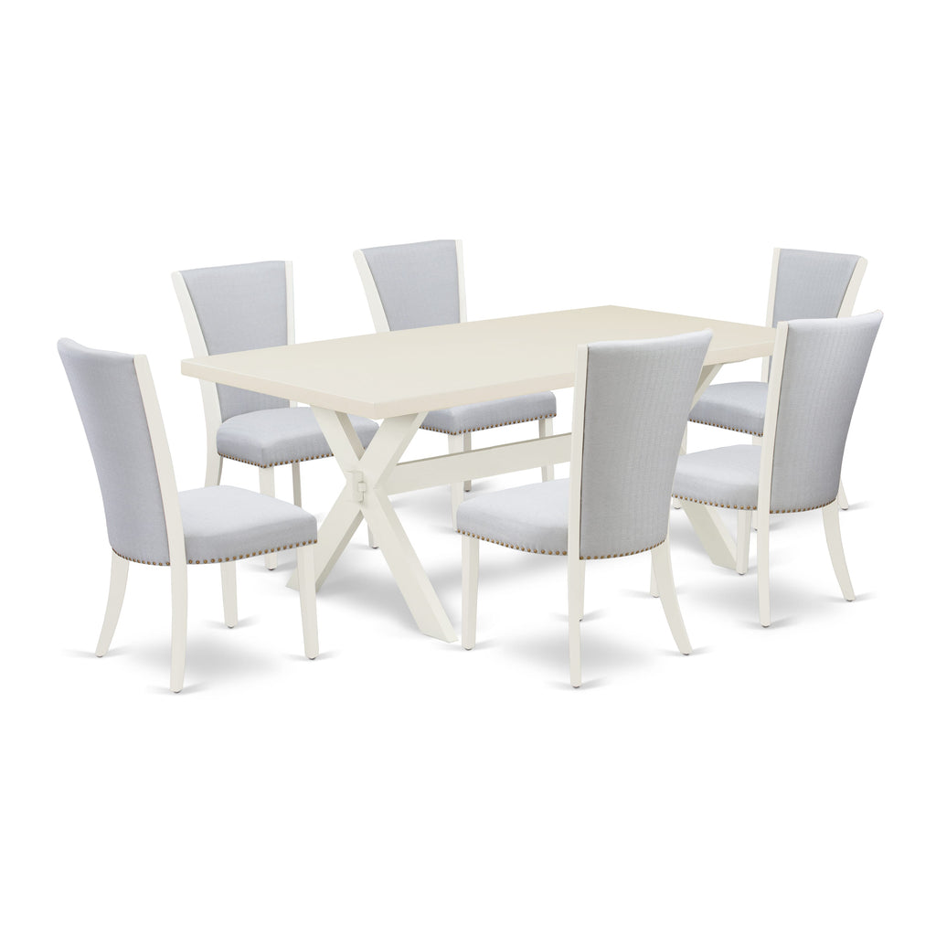 East West Furniture X027VE005-7 7 Piece Dining Set Consist of a Rectangle Dining Room Table with X-Legs and 6 Grey Linen Fabric Upholstered Parson Chairs