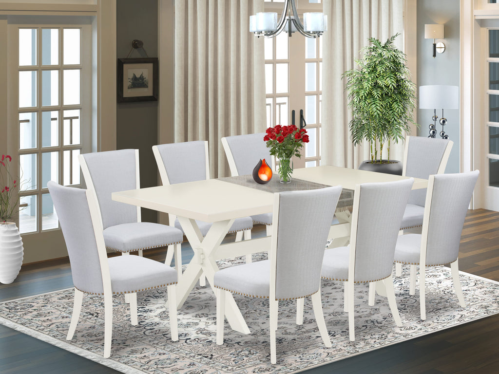 East West Furniture X027VE005-9 9 Piece Dining Room Table Set Includes a Rectangle Kitchen Table with X-Legs and 8 Grey Linen Fabric Parson Dining Chairs