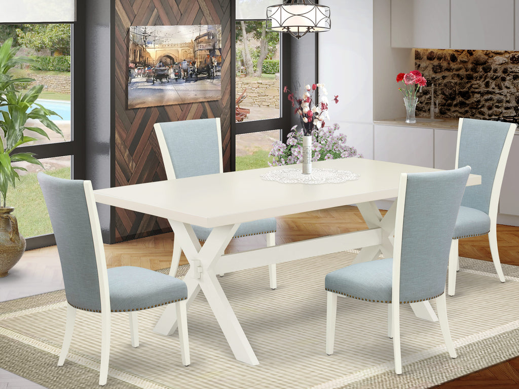 East West Furniture X027VE215-5 5 Piece Kitchen Table & Chairs Set Includes a Rectangle Dining Room Table with X-Legs and 4 Baby Blue Linen Fabric Parsons Chairs