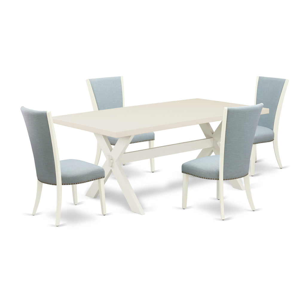 East West Furniture X027VE215-5 5 Piece Kitchen Table & Chairs Set Includes a Rectangle Dining Room Table with X-Legs and 4 Baby Blue Linen Fabric Parsons Chairs