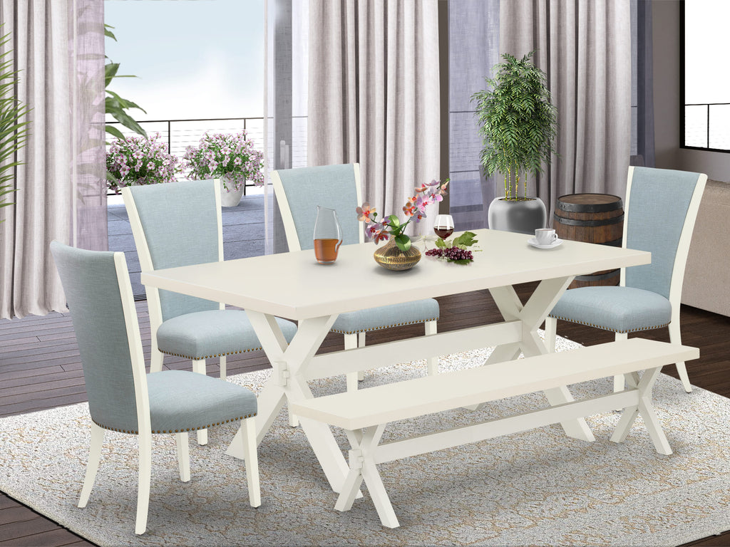 East West Furniture X027VE215-6 6 Piece Dinette Set Contains a Rectangle Dining Table with X-Legs and 4 Baby Blue Linen Fabric Parson Chairs with a Bench