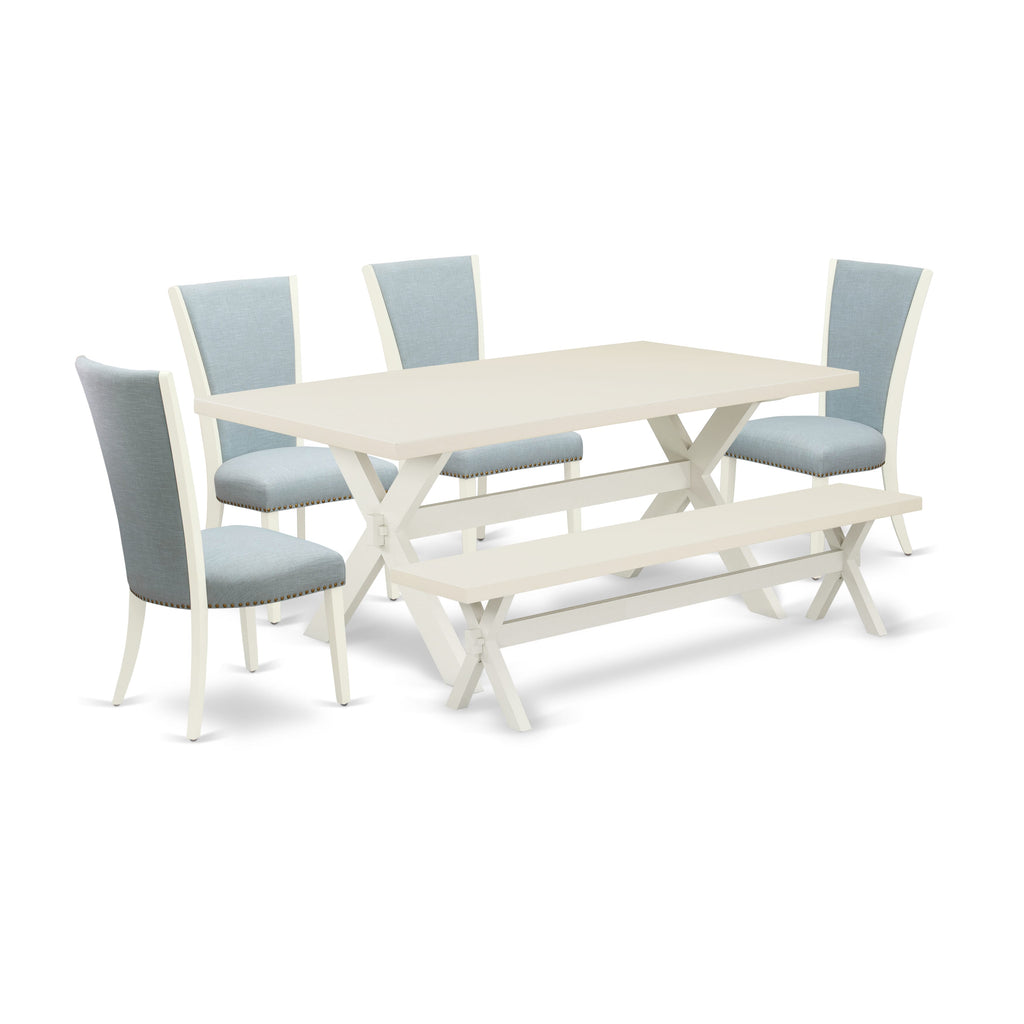 East West Furniture X027VE215-6 6 Piece Dinette Set Contains a Rectangle Dining Table with X-Legs and 4 Baby Blue Linen Fabric Parson Chairs with a Bench