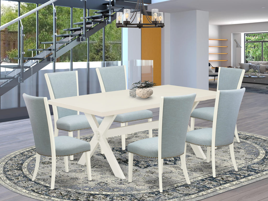 East West Furniture X027VE215-7 7 Piece Kitchen Table Set Consist of a Rectangle Dining Table with X-Legs and 6 Baby Blue Linen Fabric Parson Dining Chairs