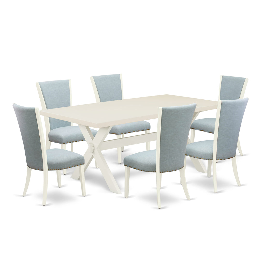 East West Furniture X027VE215-7 7 Piece Kitchen Table Set Consist of a Rectangle Dining Table with X-Legs and 6 Baby Blue Linen Fabric Parson Dining Chairs