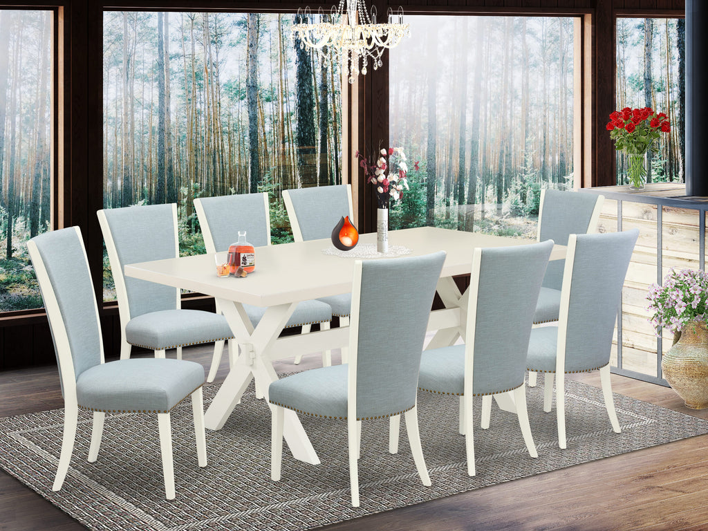 East West Furniture X027VE215-9 9 Piece Dining Room Table Set Includes a Rectangle Dining Table with X-Legs and 8 Baby Blue Linen Fabric Upholstered Parson Chairs