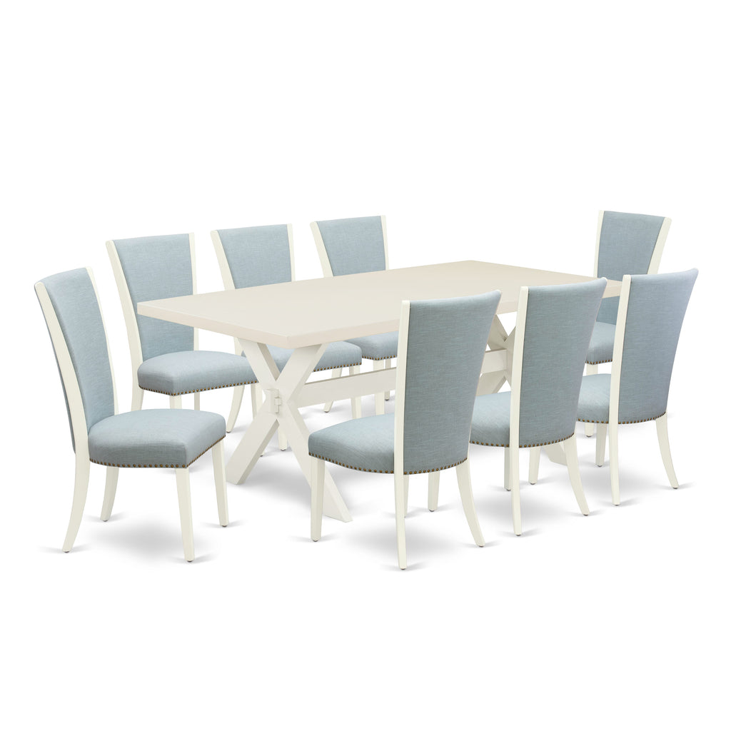 East West Furniture X027VE215-9 9 Piece Dining Room Table Set Includes a Rectangle Dining Table with X-Legs and 8 Baby Blue Linen Fabric Upholstered Parson Chairs