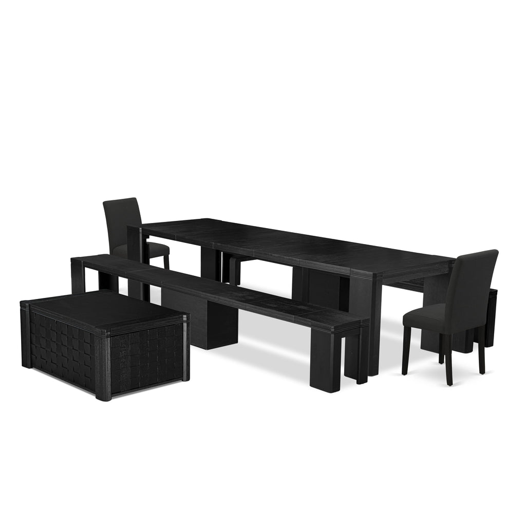 Luxe East West Furniture X02AB-2C6-24 5-piece Dining Room Table Set a Rectangular Kitchen Table with a coffee Table and 2 wooden Benches and 2 Black Linen Fabric Dining Chair, Wire Brushed Black Finish.