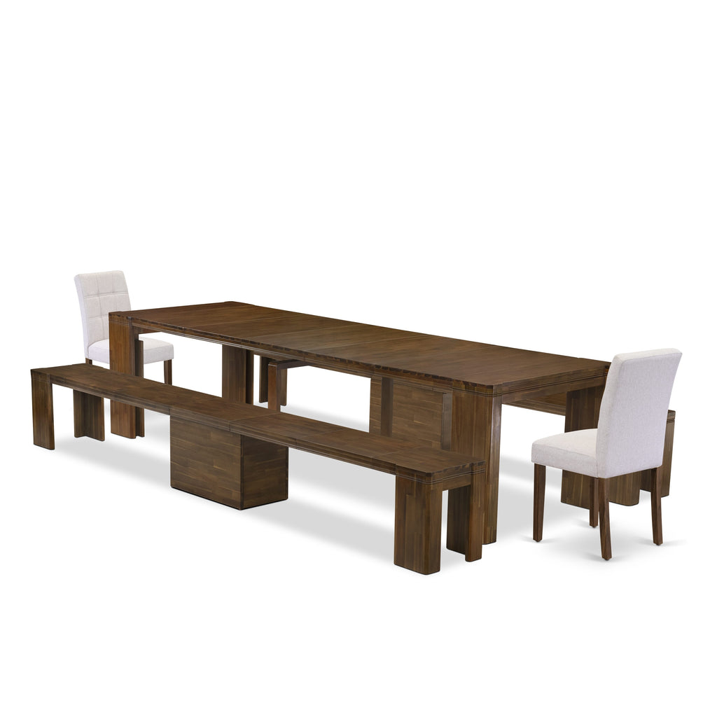 Luxe by East West Furniture X02AS-208-27-5 Pieces Extendable Dining Set Includes a Rectangle Kitchen Table, 2 Dining Chairs and 2 Modern Benches, Antique Walnut