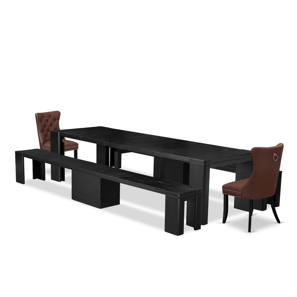 Luxe East West Furniture X02DA-206-26 5-piece Dining Room Table Set a Rectangular Kitchen Table and 2 wooden Benches and 2 Burgundy Faux Leather Dining Chair, Wire Brushed Black Finish.