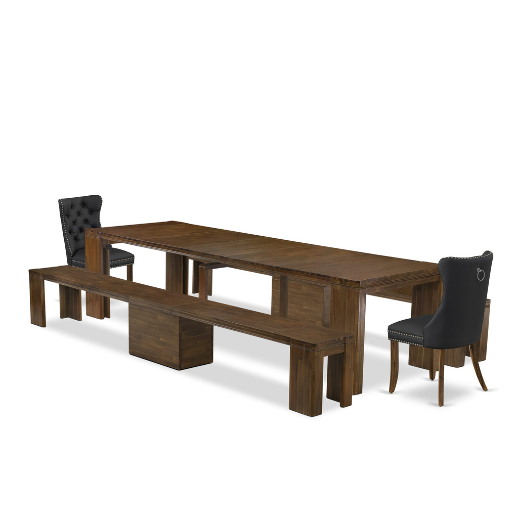 Luxe by East West Furniture X02DA-208-12-5 Pieces Extendable Dining Set Includes a Rectangle Kitchen Table, 2 Dining Chairs and 2 Modern Benches, Antique Walnut