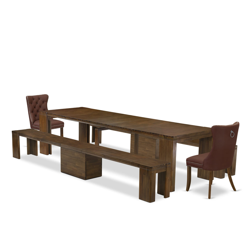 Luxe by East West Furniture X02DA-208-26-5 Pieces Extendable Dining Set Includes a Rectangle Kitchen Table, 2 Dining Chairs and 2 Modern Benches, Antique Walnut