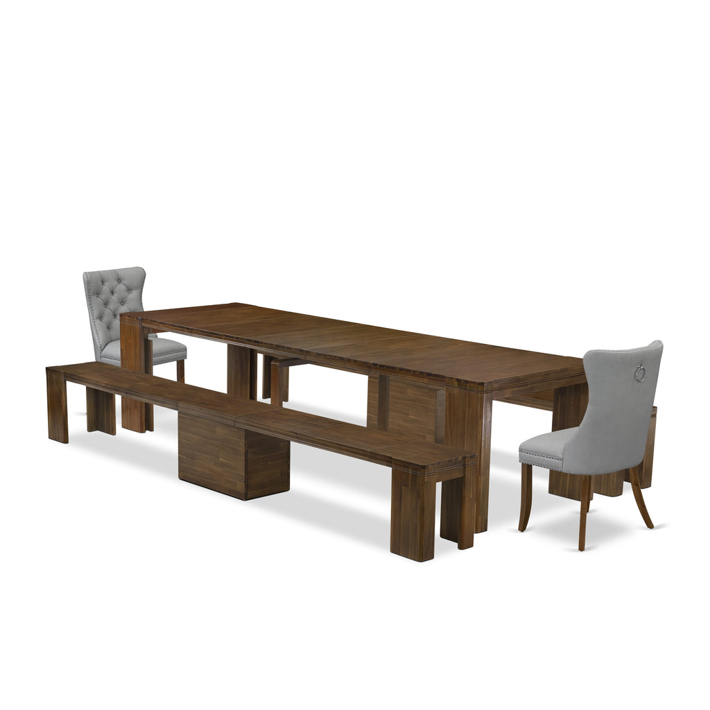 Luxe by East West Furniture X02DA-208-27-5 Pieces Extendable Dining Set Includes a Rectangle Kitchen Table, 2 Dining Chairs and 2 Modern Benches, Antique Walnut