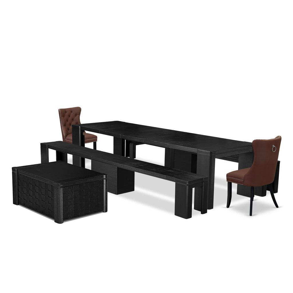 Luxe East West Furniture X02DA-2C6-26 6-piece Modern Dining Room Table Set a Rectangular Dining Room Table with a coffee table and 2 wooden Benches and 2 Burgundy Faux Leather Kitchen Chair, Wire Brushed Black Finish.