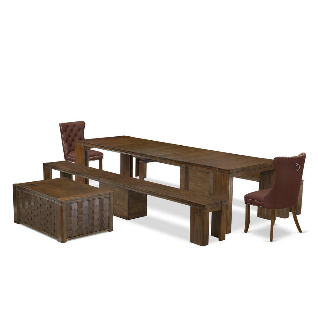 Luxe by East West Furniture X02DA-2C8-26 -6 Pieces Extendable Dining Set Includes a Rectangle Kitchen Table, 1 Coffee Table, 2 Dining Chairs and 2 Modern Benches, Antique Walnut