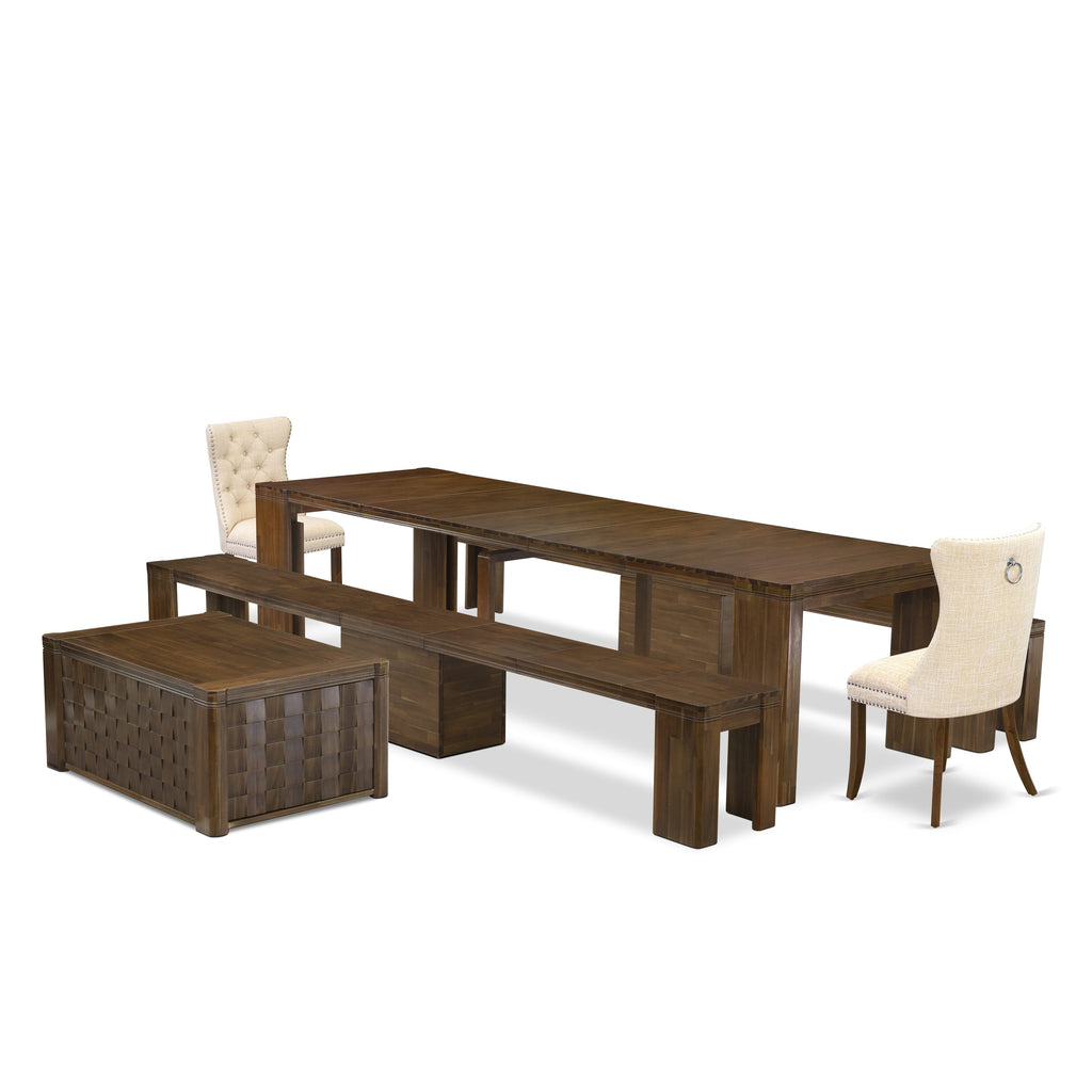 Luxe by East West Furniture X02DA-2C8-32 -6 Pieces Extendable Dining Set Includes a Rectangle Kitchen Table, 1 Coffee Table, 2 Dining Chairs and 2 Modern Benches, Antique Walnut