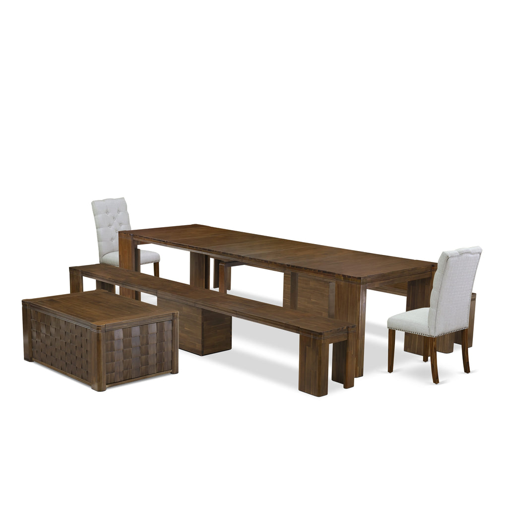 Luxe by East West Furniture X02EL-2C8-05 -6 Pieces Extendable Dining Set Includes a Rectangle Kitchen Table, 1 Coffee Table, 2 Dining Chairs and 2 Modern Benches, Antique Walnut