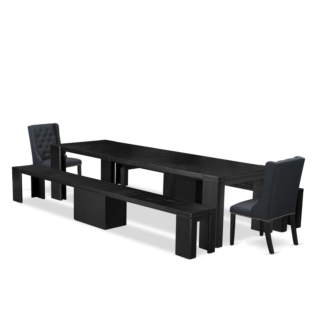 Luxe East West Furniture X02FO-206-24 5-piece Modern Dining Room Table Set a Rectangular Dining Table and 2 wooden Benches and 2 Black Linen Fabric kitchen Chair, Wire Brushed Black Finish.