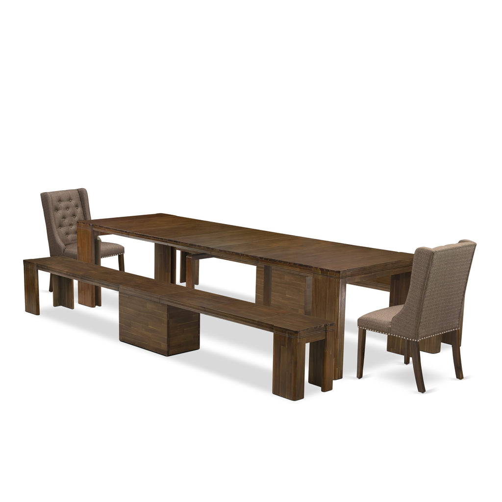 Luxe by East West Furniture X02FO-208-18 -5 Pieces Extendable Dining Set Includes a Rectangle Kitchen Table, 2 Dining Chairs and 2 Modern Benches, Antique Walnut