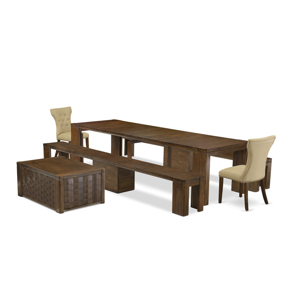 Luxe by East West Furniture X02GA-2C8-03 -6 Pieces Extendable Dining Set Includes a Rectangle Kitchen Table, 1 Coffee Table, 2 Dining Chairs and 2 Modern Benches, Antique Walnut