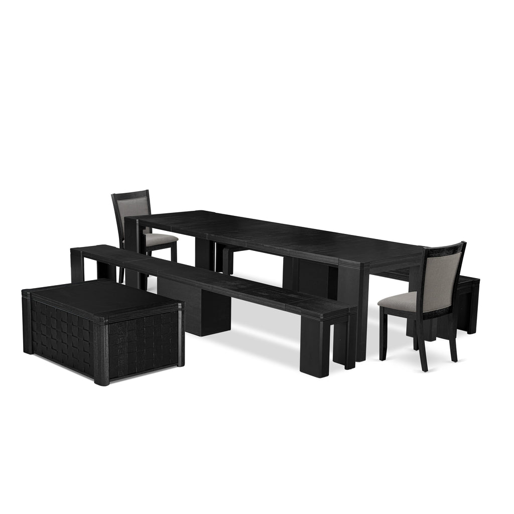 Luxe East West Furniture X02MZ-2C6-50 6-piece Dining Room Table Set a Rectangular Kitchen Table with a coffee Table and 2 wooden Benches and 2 Dark Gotham Grey Linen Fabric Dining Chair, Wire Brushed Black Finish.