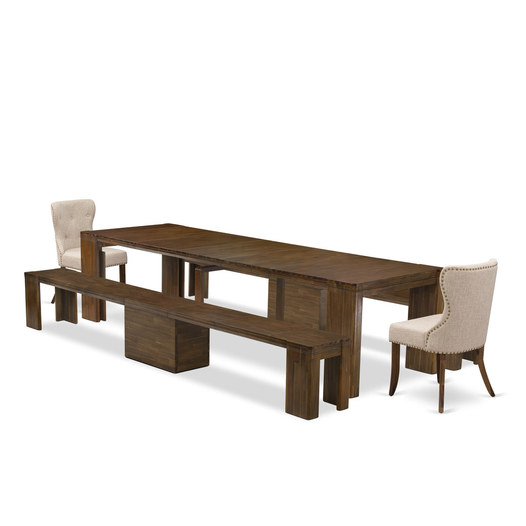 Luxe by East West Furniture X02SI-208-04 -5 Pieces Extendable Dining Set Includes a Rectangle Kitchen Table, 2 Dining Chairs and 2 Modern Benches, Antique Walnut